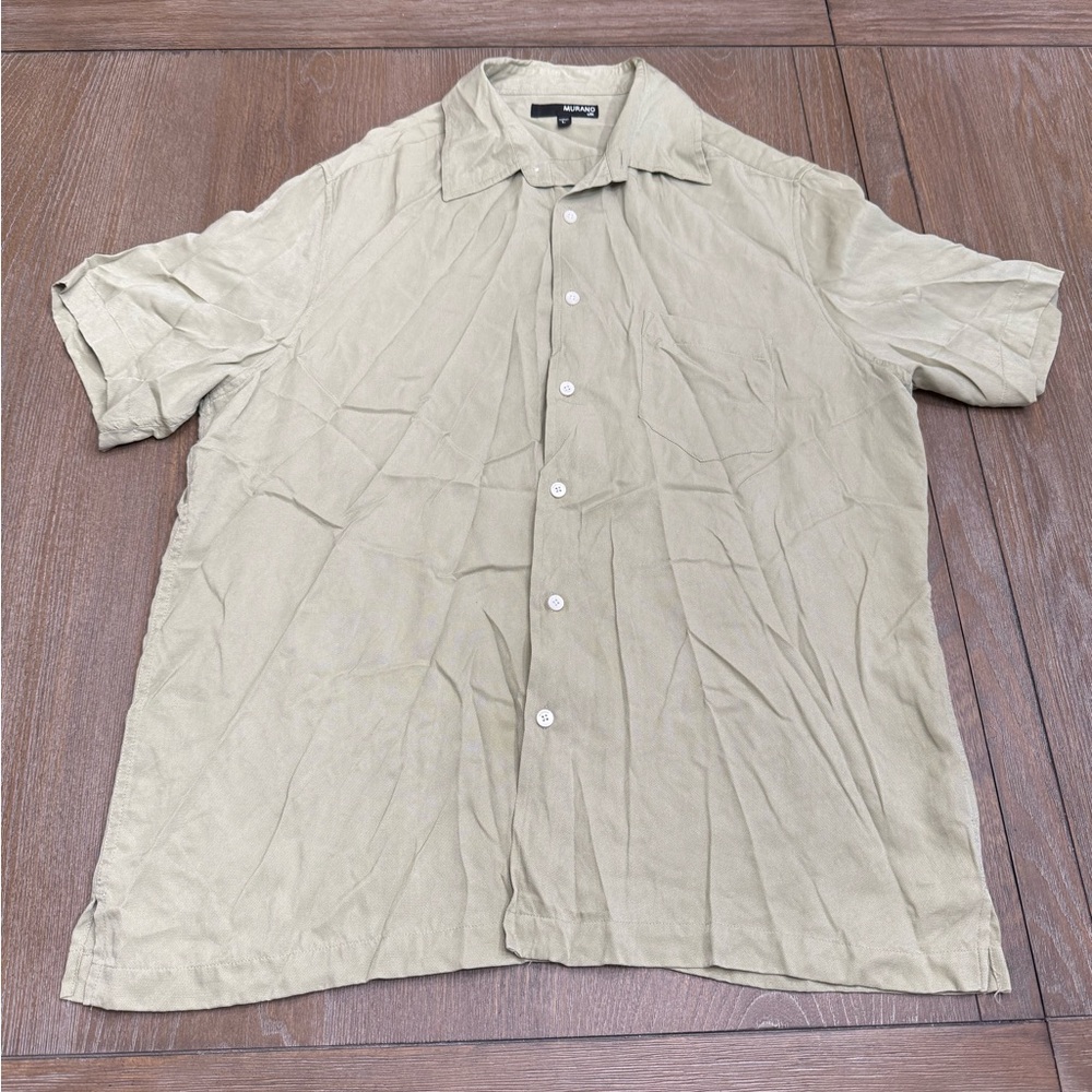 Murano Men’s Short Sleeve Button-Up Shirt - 100% Silk - Size Large - Sage Green